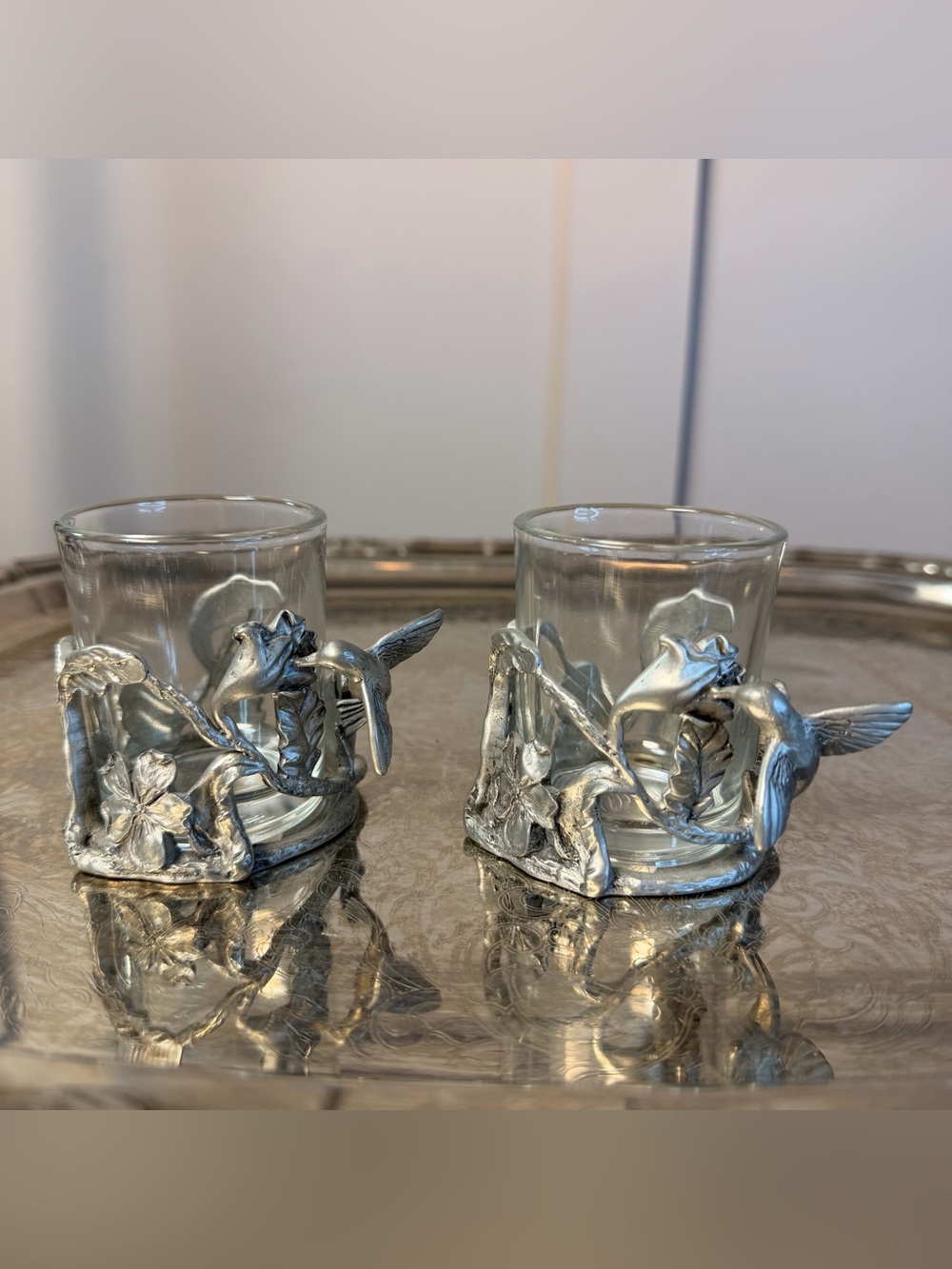 PAIR of 1992 Seagull CANADA Pewter and Glass Votive Tea Light Candle Holder
